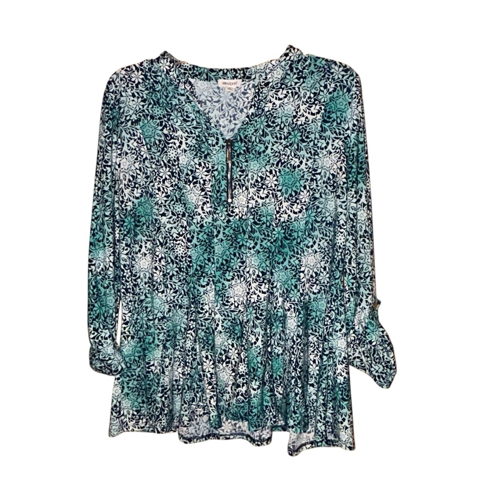 Westport Blue‎ Floral Blouse Zip V Neck Mandarin Collar Relaxed Fit Size Medium